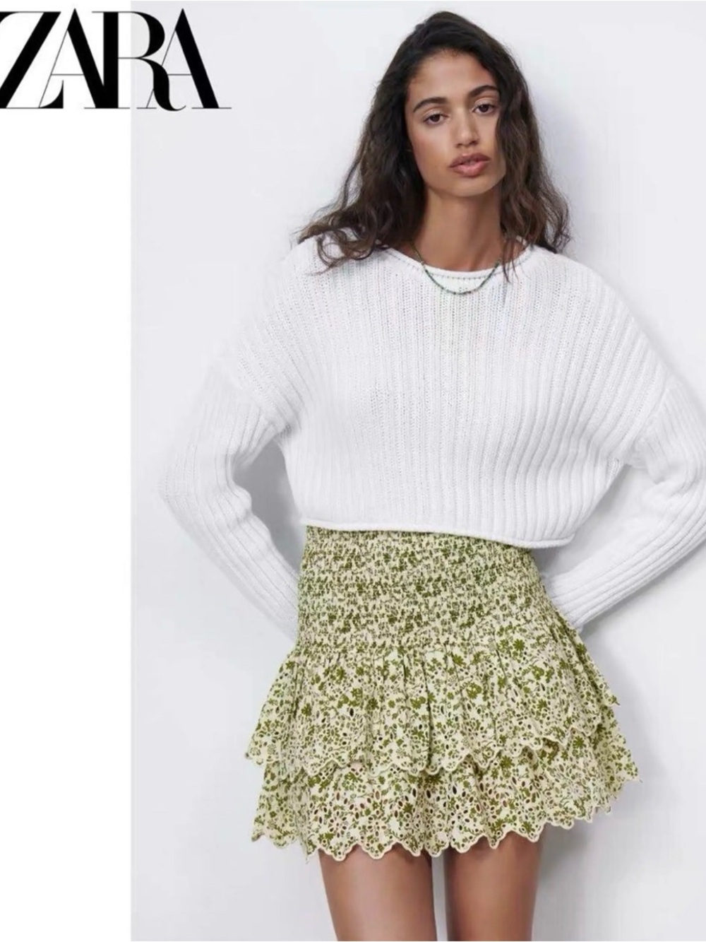 ZARA Cream and Green Floral Ruffled Mini Skirt